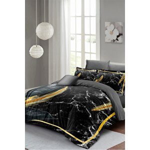 King Size Nevresim Takımı Çift Kişilik 3d Pamuk Saten Dark Marble