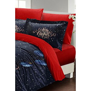 King Size Yılbaşı Süsü Blue & Red Noel %100 Pamuk Saten 3d Çift Kişilik Nevresim Takımı
