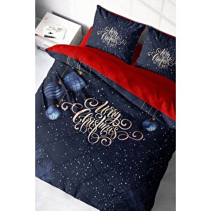King Size Yılbaşı Süsü Blue & Red Noel %100 Pamuk Saten 3d Çift Kişilik Nevresim Takımı
