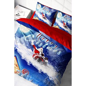 King Size Yılbaşı Süsü Merry Christmas Çift Kişilik 3d Nevresim Takımı Pamuk Saten