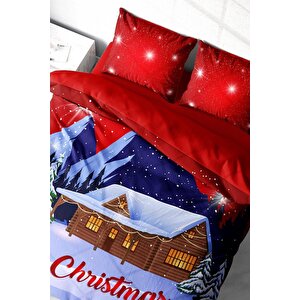 King Size Yılbaşı Süsü Merry Christmas Çift Kişilik 3d Nevresim Takımı Pamuk Saten