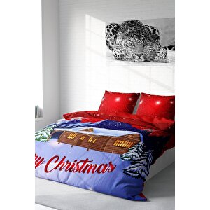 King Size Yılbaşı Süsü Merry Christmas Çift Kişilik 3d Nevresim Takımı Pamuk Saten