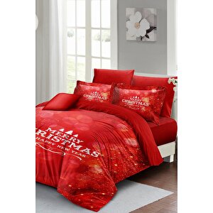 King Size Yılbaşı Süsü Merry Red Noel %100 Pamuk Saten 3d Çift Kişilik Nevresim Takımı