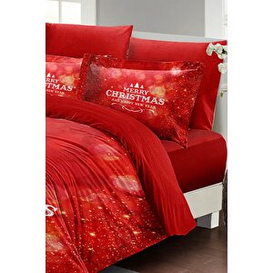 King Size Yılbaşı Süsü Merry Red Noel %100 Pamuk Saten 3d Çift Kişilik Nevresim Takımı