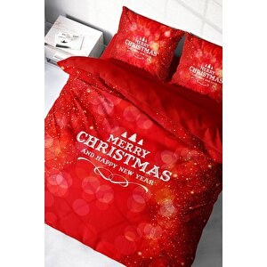 King Size Yılbaşı Süsü Merry Red Noel %100 Pamuk Saten 3d Çift Kişilik Nevresim Takımı