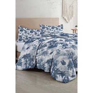 King Size Çift Kişilik Nevresim Takımı %100 Pamuk Saten Tuval Palm Indigo