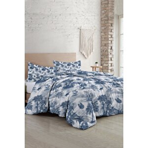 King Size Çift Kişilik Nevresim Takımı %100 Pamuk Saten Tuval Palm Indigo