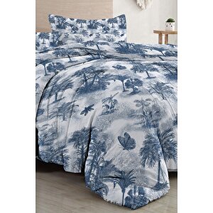 King Size Çift Kişilik Nevresim Takımı %100 Pamuk Saten Tuval Palm Indigo