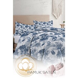 King Size Çift Kişilik Nevresim Takımı %100 Pamuk Saten Tuval Palm Indigo