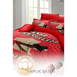 King Size Sevgililer Günü Çift Kişilik Nevresim Takımı%100 Pamuk Saten Bitanecik Sevgilim