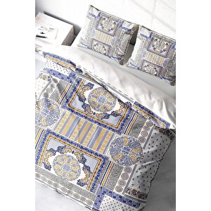 King Size Blue Patchwork 3d Pamuk Saten Çift Kişilik Nevresim Takımı
