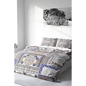 King Size Blue Patchwork 3d Pamuk Saten Çift Kişilik Nevresim Takımı