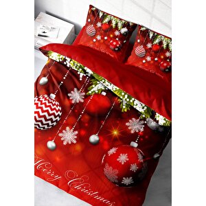 King Size Yılbaşı Nevresim Takım %100 Doğal Pamuk Saten Noel Çift Kişilik Balls