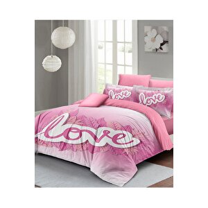 King Size Sevgililer Günü Çift Kişilik Nevresim Takımı%100 Pamuk Saten Pınk Love