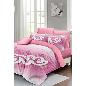 King Size Sevgililer Günü Çift Kişilik Nevresim Takımı%100 Pamuk Saten Pınk Love