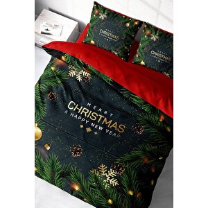 King Size Yılbaşı Süsü Navy Blue Noel %100 Pamuk Saten 3d Çift Kişilik Nevresim Takımı
