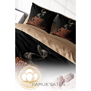 King Size Çift Kişilik Nevresim Takımı %100 Pamuk Saten Live Coffee