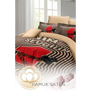 King Size Sevgililer Günü Çift Kişilik Nevresim Takımı%100 Pamuk Saten Bitanecik Sevgilim