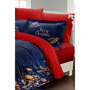 King Size Yılbaşı Süsü Happy Noel %100 Pamuk Saten 3d Çift Kişilik Nevresim Takımı