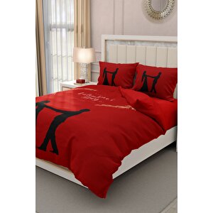King Size Sevgililer Günü Çift Kişilik Nevresim Takımı%100 Pamuk Saten Kırmızı Aşk