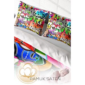 King Size Graffiti 3d Pamuk Saten Çift Kişilik Nevresim Takımı