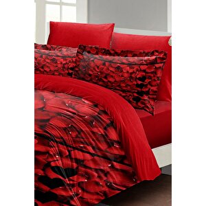 King Size Sevgililer Günü Çift Kişilik Nevresim Takımı%100 Pamuk Saten Rose Feather