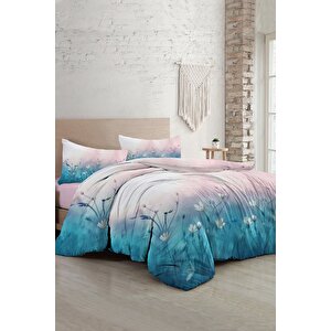 King Size Soft Blue Luxury Çift Kişilik Pamuk Saten Nevresim Takımı