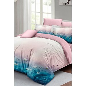 King Size Soft Blue Luxury Çift Kişilik Pamuk Saten Nevresim Takımı