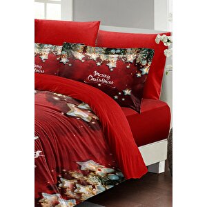King Size Yılbaşı Süsü Red Stars Noel %100 Pamuk Saten 3d Çift Kişilik Nevresim Takımı
