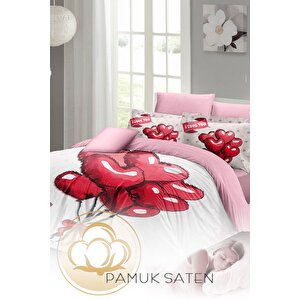 King Size Sevgililer Günü Çift Kişilik Nevresim Takımı%100 Pamuk Saten Red Balls