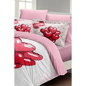 King Size Sevgililer Günü Çift Kişilik Nevresim Takımı%100 Pamuk Saten Red Balls
