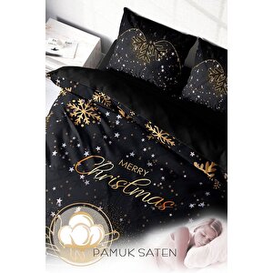 King Size Yılbaşı Süsü Black Noel %100 Pamuk Saten 3d Çift Kişilik Nevresim Takımı
