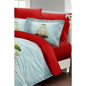 King Size Yılbaşı Süsü Holly & Jolly Noel %100 Pamuk Saten 3d Çift Kişilik Nevresim Takımı