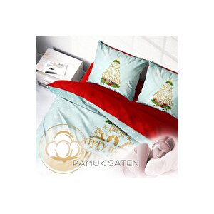 King Size Yılbaşı Süsü Holly & Jolly Noel %100 Pamuk Saten 3d Çift Kişilik Nevresim Takımı