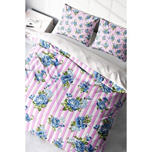King Size Blue Scattered Rose Naturel Çift Kişilik Nevresim Takımı