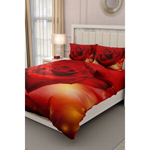 King Size Sevgililer Günü Çift Kişilik Nevresim Takımı%100 Pamuk Saten 3d Gül Aşkına