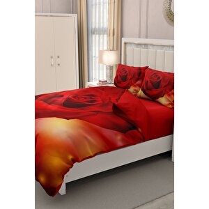 King Size Sevgililer Günü Çift Kişilik Nevresim Takımı%100 Pamuk Saten 3d Gül Aşkına