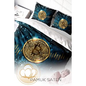 King Size Bitcoin 3d Pamuk Saten Çift Kişilik Nevresim Takımı