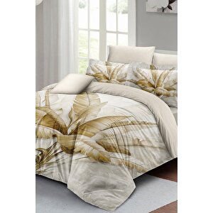 King Size Retro Palm Luxury Çift Kişilik Pamuk Saten Nevresim Takımı