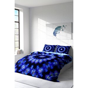 King Size Blue Damask 3d Pamuk Saten Çift Kişilik Nevresim Takımı