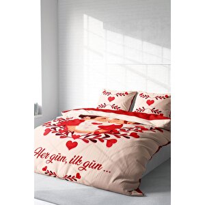 King Size Sevgililer Günü Pamuk Saten Çift Kişilik Nevresim Takımı