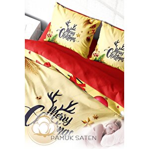King Size Yılbaşı Süsü Merry Christmas Çift Kişilik 3d Nevresim Takımı Pamuk Saten Yellow