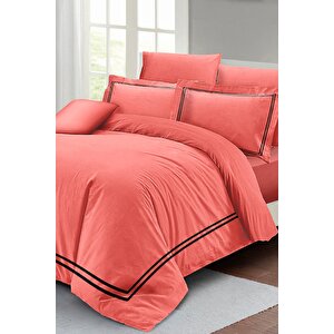 King Size Çift Kişilik Nevresim Takımı %100 Luxury Pamuk Saten Somon