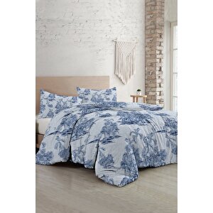 King Size Çift Kişilik Nevresim Takımı %100 Pamuk Saten Tuval Jungle Indigo