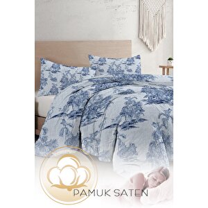 King Size Çift Kişilik Nevresim Takımı %100 Pamuk Saten Tuval Jungle Indigo
