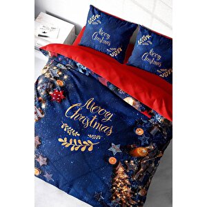 King Size Yılbaşı Süsü Merry Christmas Çift Kişilik 3d Nevresim Takımı Pamuk Saten Blue