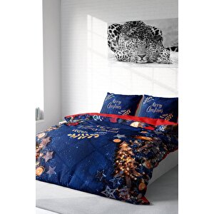 King Size Yılbaşı Süsü Merry Christmas Çift Kişilik 3d Nevresim Takımı Pamuk Saten Blue