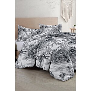 King Size Çift Kişilik Nevresim Takımı %100 Pamuk Saten Tuval Tropical Island Black