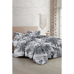 King Size Çift Kişilik Nevresim Takımı %100 Pamuk Saten Tuval Tropical Island Black