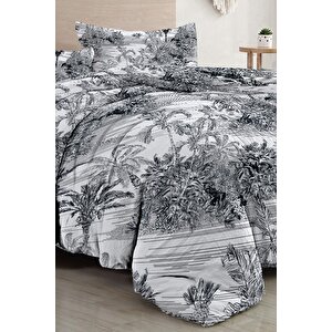 King Size Çift Kişilik Nevresim Takımı %100 Pamuk Saten Tuval Tropical Island Black
